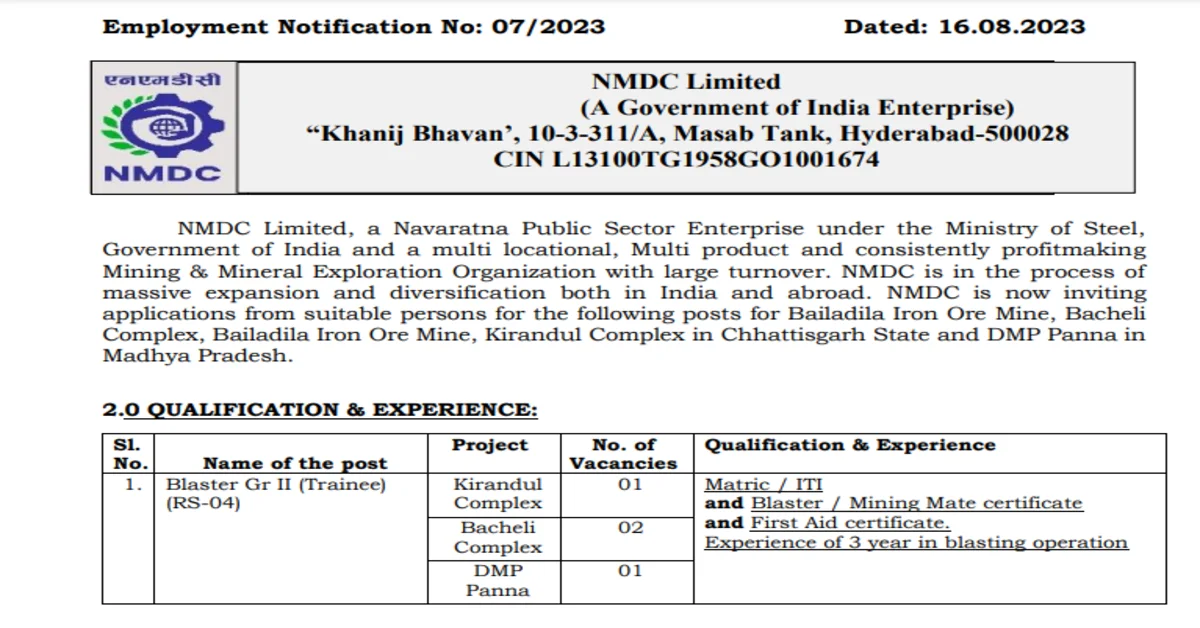 You are currently viewing NMDC Ltd में विभिन्‍न रिक्‍त पदों में भर्ती के लिये अधिसूचना जारी । NMDC Recruitment 2023, Last Date, Eliibility, Salary