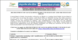 Read more about the article Central Bank of India Recruitment 2024 -Apply For Safai Karmchari 484 Post