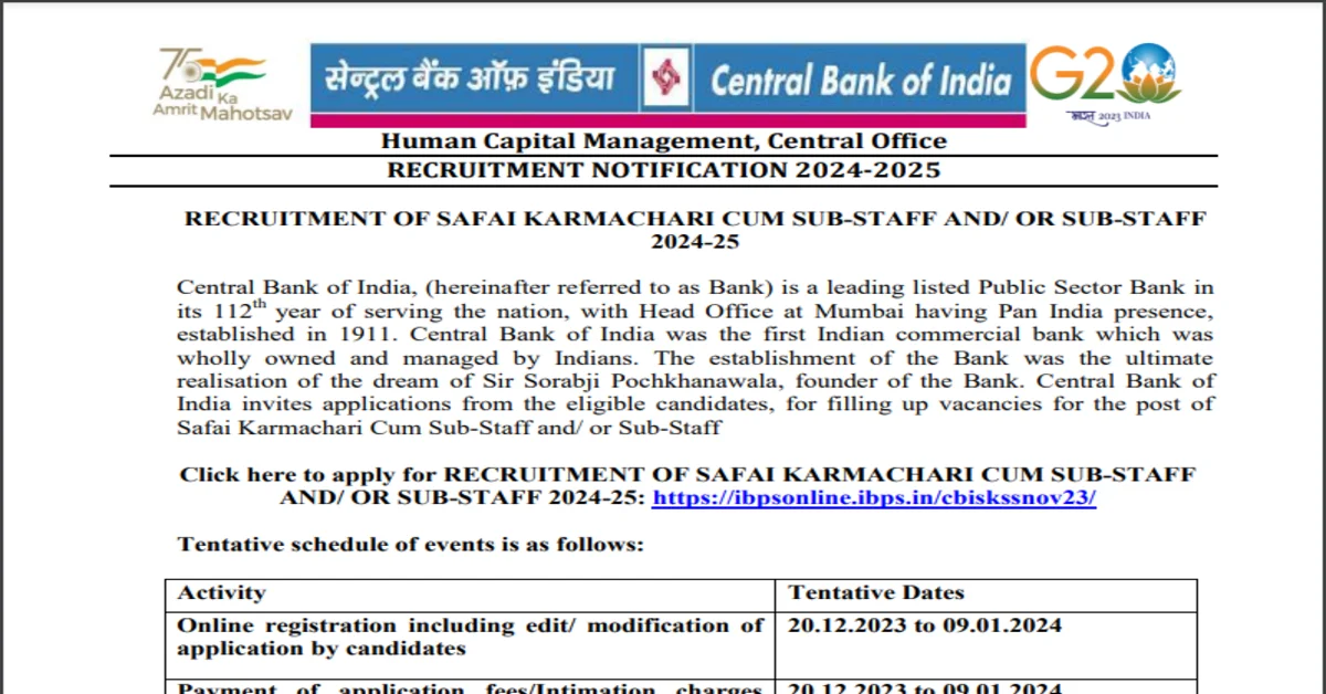 You are currently viewing Central Bank of India Recruitment 2024 -Apply For Safai Karmchari 484 Post