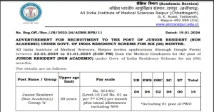 Read more about the article AIIMS Raipur Junior Resident Recruitment 2024 I Total 14 Post, Apply Now