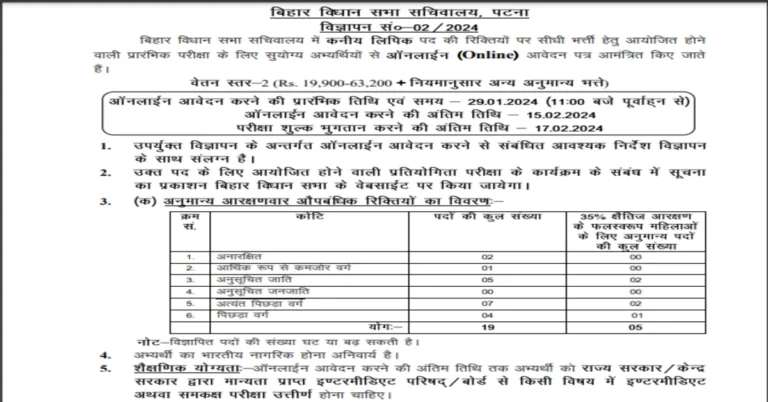 Bihar Vidhan Sabha Recruitment 2024