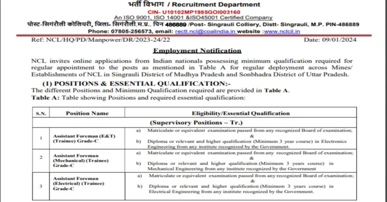 NCL Assistant Foreman Recruitment 2024