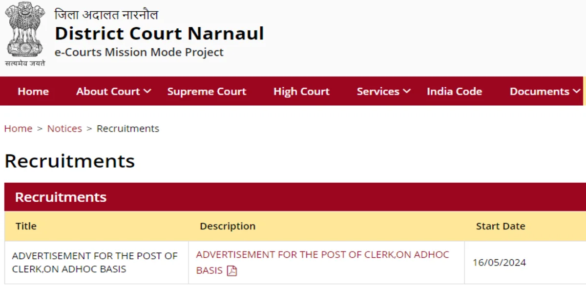 District Court Narnaul Clerk Vacancy 2024